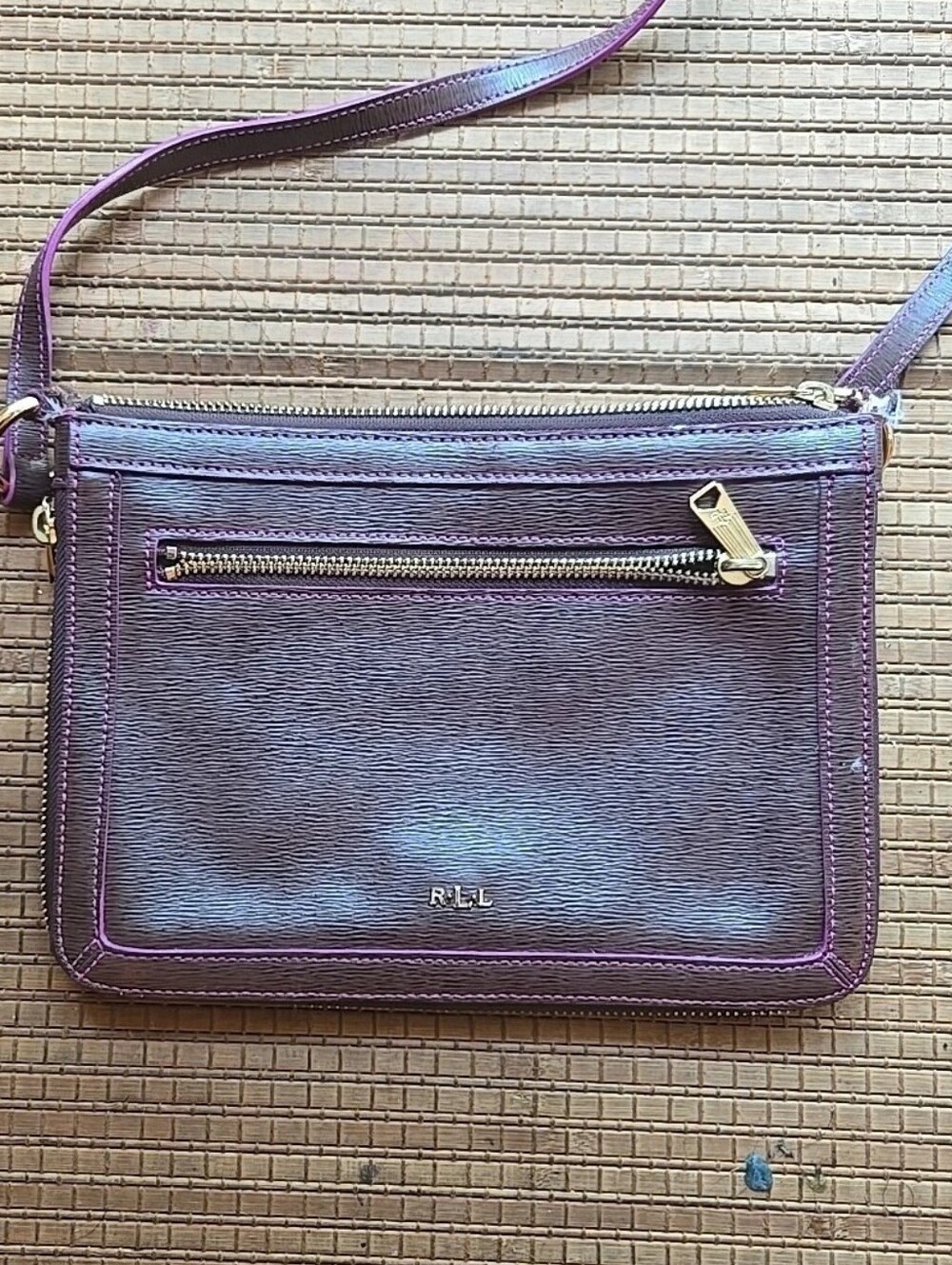 Lauren Ralph Lauren Leather Crossbody Bag Purse Tate East West Flat Zipper Gold